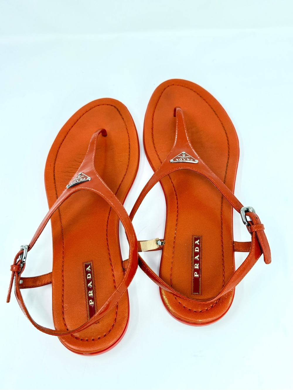 PRADA Triangle Logo Patent Leather Thong Sandals Arancio Orange-Red Size 41 US10 - Picture 2 of 16